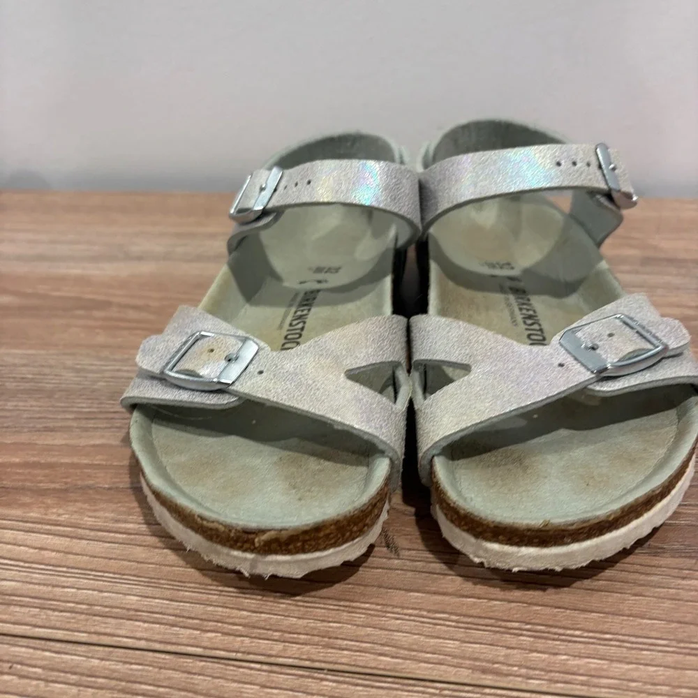 Birkenstock Rio Iridescent Sandals Kids Silver 32 Buckle Strap Cork Footbed